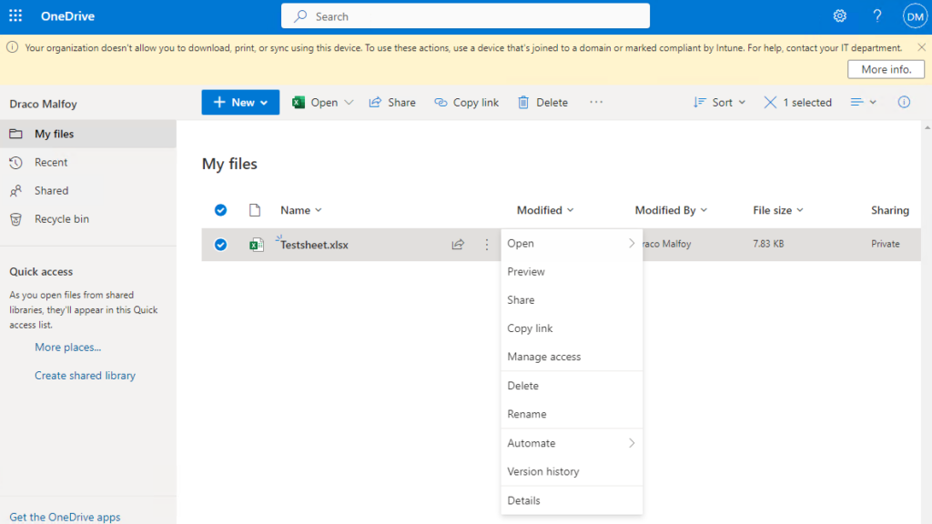 Limited access User Experience from OneDrive Web