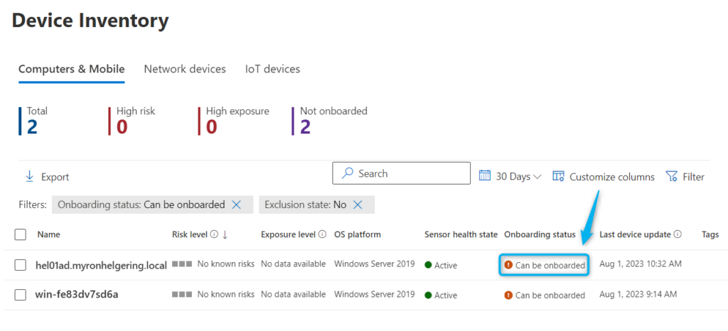 Device Discovery MDE inventory