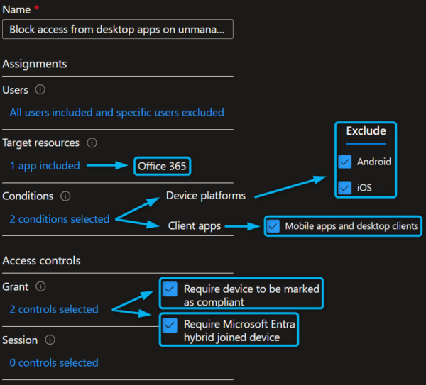 Block access from desktop apps on unmanaged devices conditional access policy