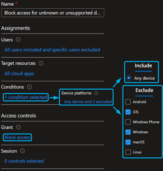 Block unsupported and unknown device platforms conditional access policy