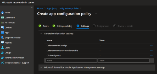 App configuration settings for MDE app