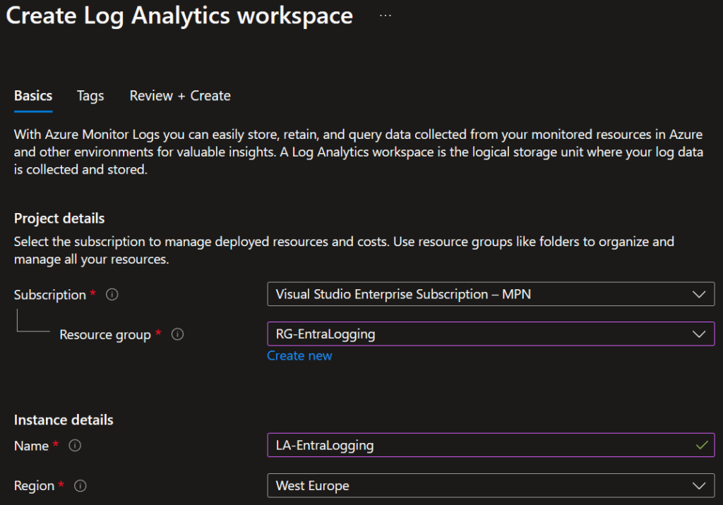 Create Log Analytics workspace