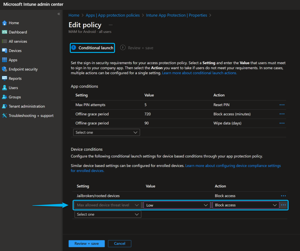 Edit app protection policy