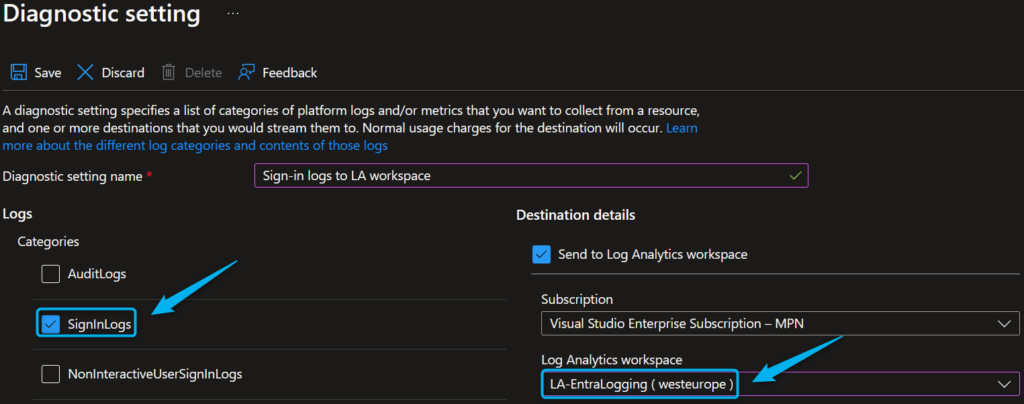send sign-in logs to log analytics workspace