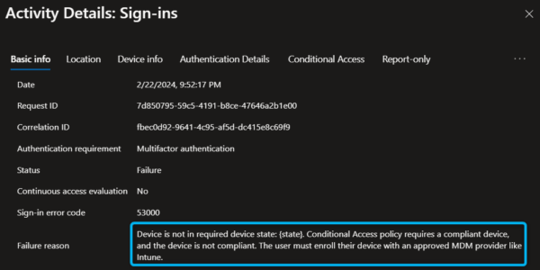 Sign-in log failure because device is not compliant