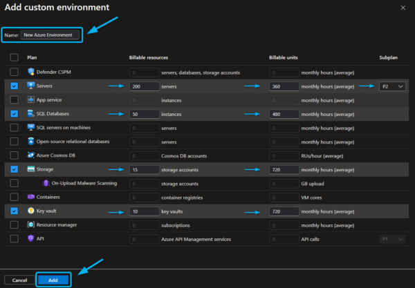 Custom azure environment cost estimate for MDC
